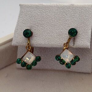 Vintage Opalite & Green Rhinestone Earrings | Mid Century Screw Back